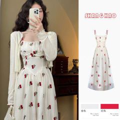 Korean sweet style cherry summer suspender short-sleeved dress for women with versatile waist-hugging slim seaside vacation style skirt