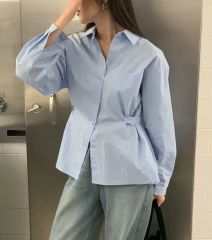 INS 法式復古氣質翻領設計感收腰顯瘦寬鬆百搭純棉長袖襯衫 三色