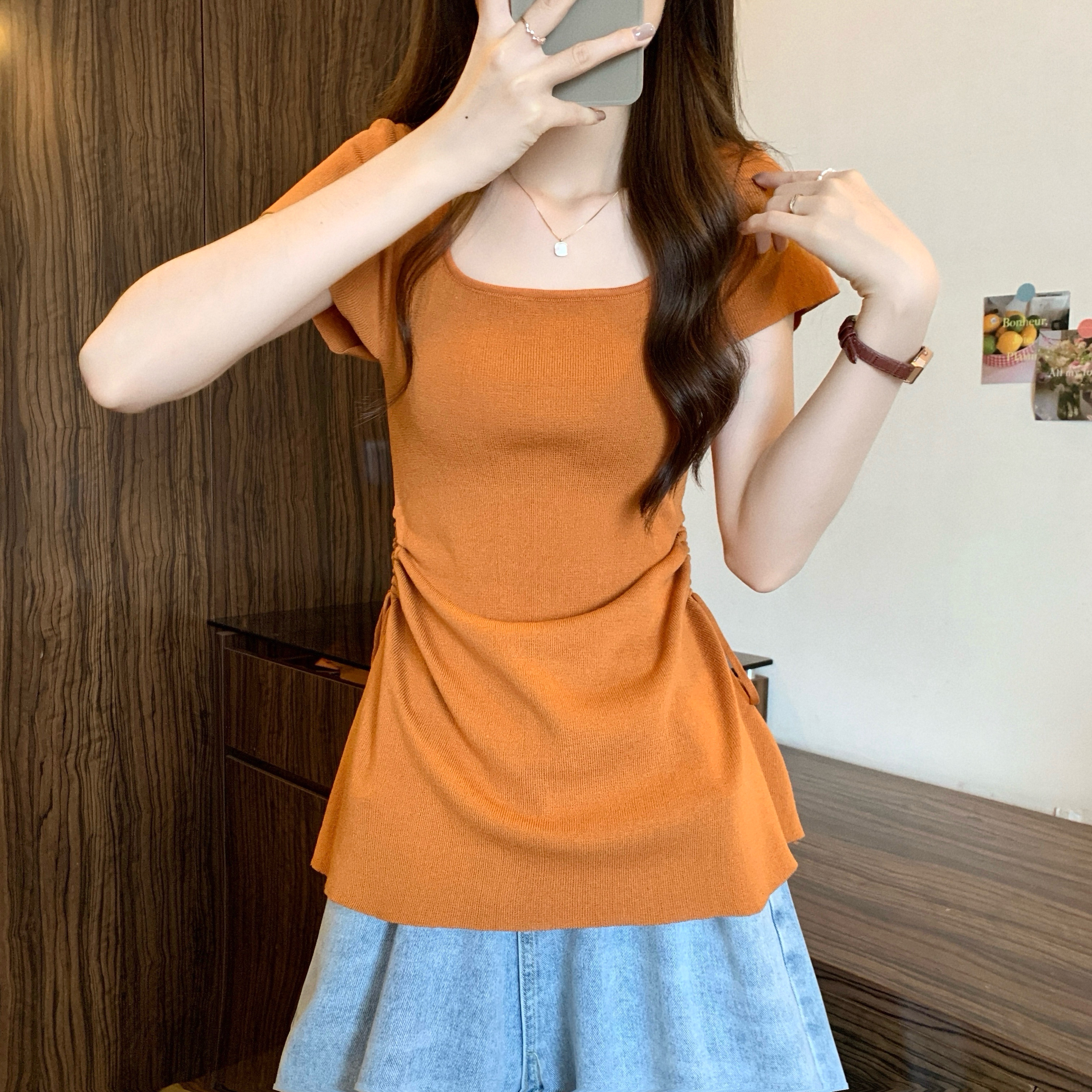 Real shot, new Korean style design, side pleated strap short-sleeved knitted sweater