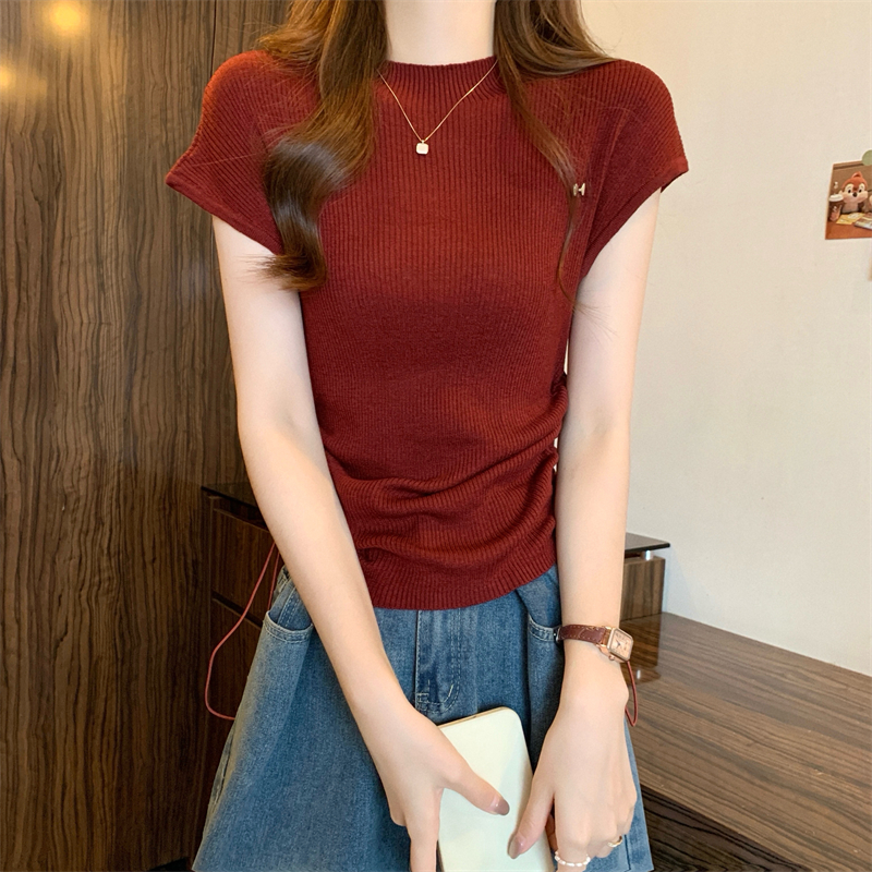 Real shot, new Korean style design, half turtleneck waist drawstring short-sleeved knitted sweater