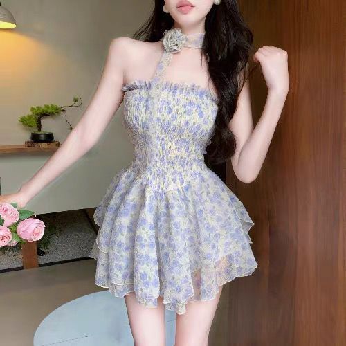 夏季新品度假印花鏤空性感仙女褶皺設計一字領連衣裙辣妹裙子