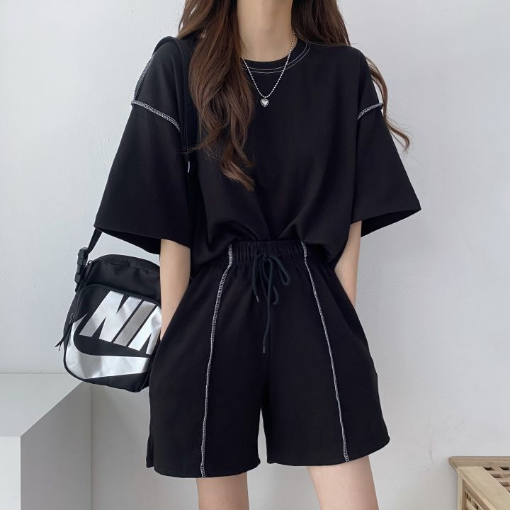 6535 Cotton Retro Sleeve Shorts Two-piece Set Large Size Solid Color Summer Fashion Casual Sportswear Set Loose