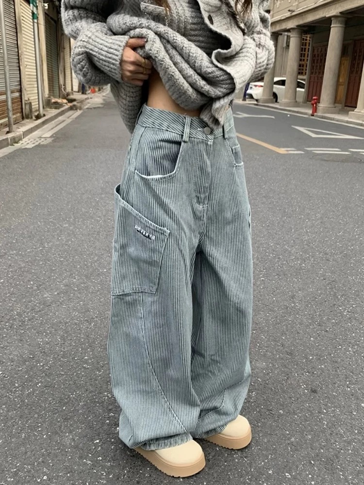 Korean American loose wide-leg striped work jeans for women in spring and summer new high-waisted slimming straight scimitar pants