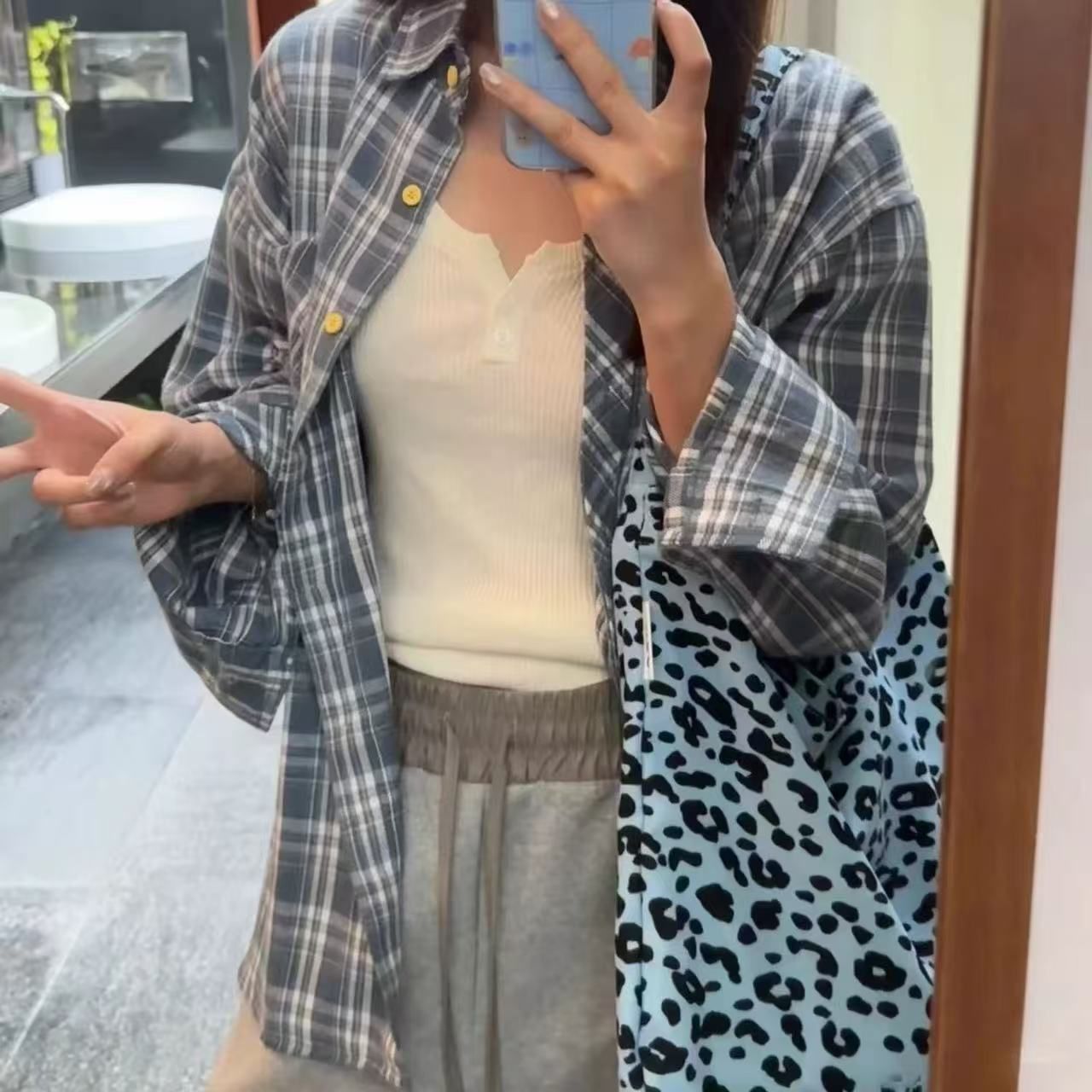 American street autumn and winter casual loose design niche blue checked long-sleeved shirt sun protection top