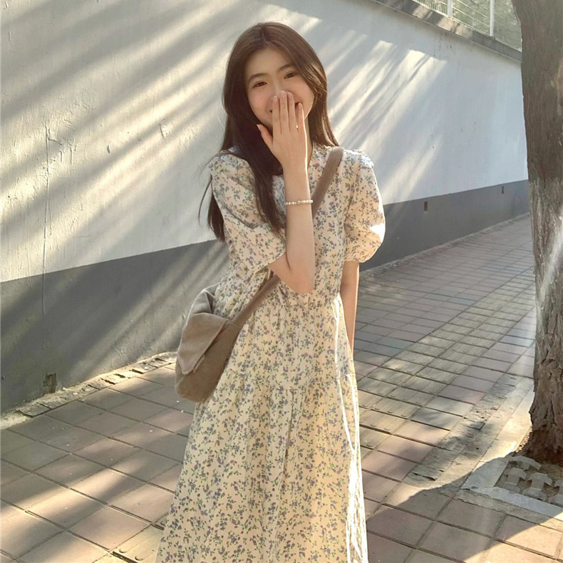 Puff sleeve floral dress for women's new autumn design niche slim waist-hugging long skirt