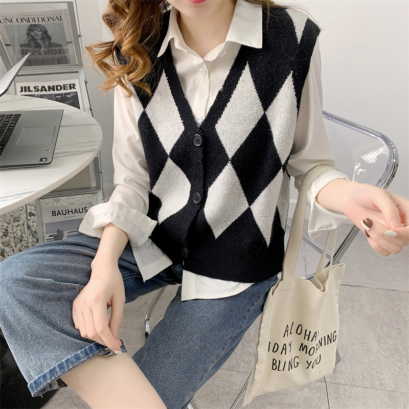 Women's Spring and Autumn New Korean Version Loose and Slimming Short-Sleeve Knitted Plaid Sweater with Retro Color Collision