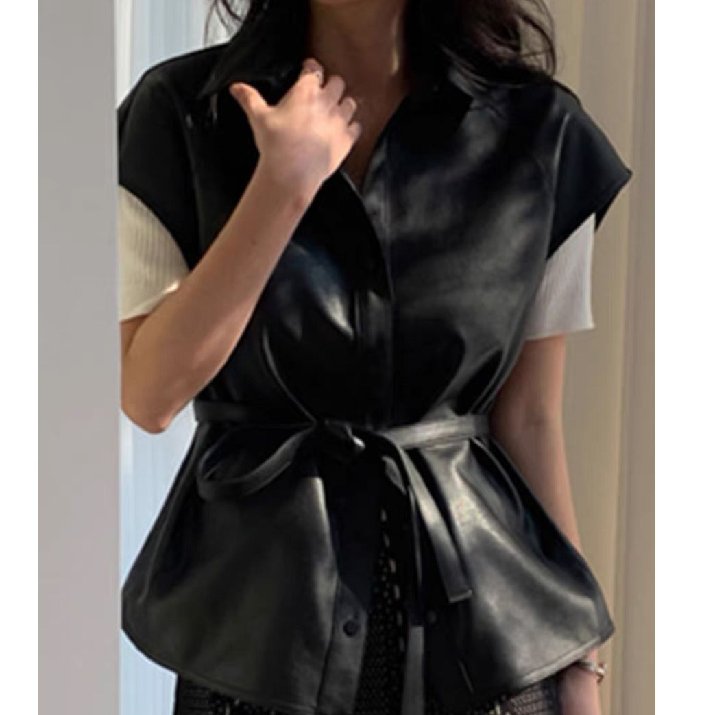 Korean chic autumn retro niche lapel single-breasted strap waist slimming sleeveless leather vest jacket women