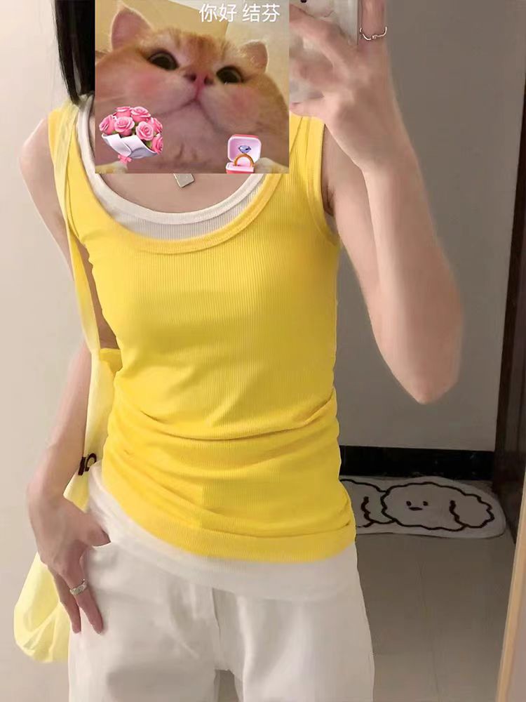 純棉 辣妹修身疊穿小吊帶背心女夏季休閒黃色百搭無袖上衣