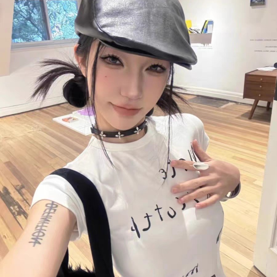 純棉 韓國chic夏季新款韓版修身顯瘦字母印花短袖t恤女百搭上衣潮