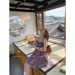 2025 summer new Korean dopamine playful girl Korean chic color plaid adjustable suspender dress