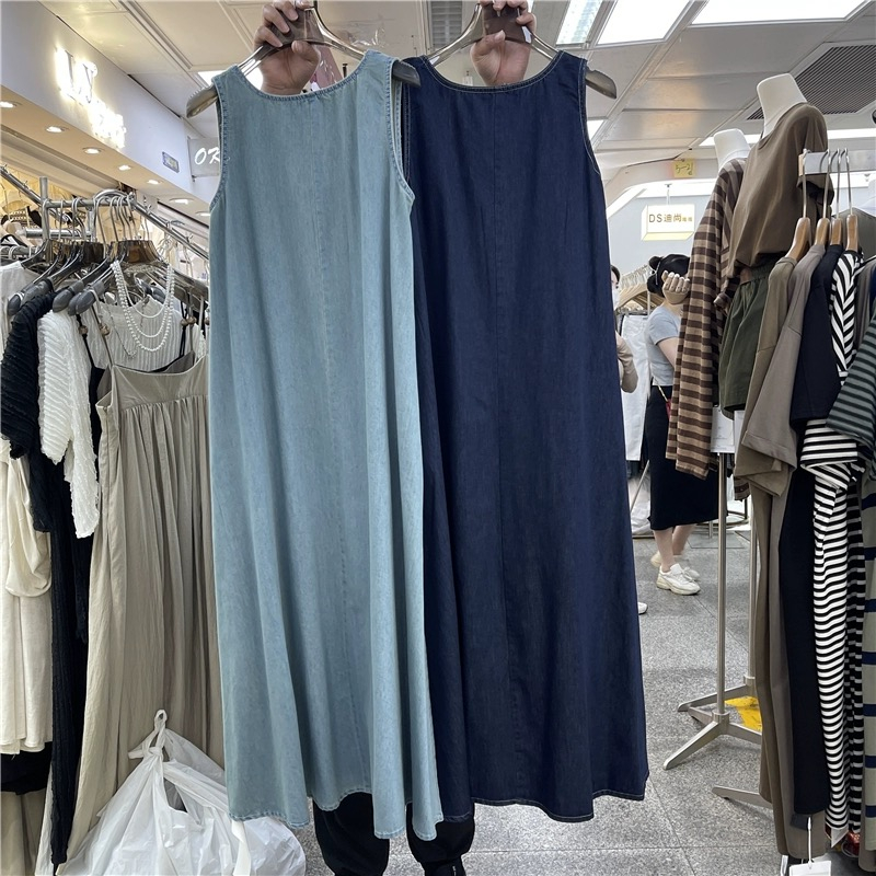 Sleeveless denim dress for women in summer new Hong Kong style retro style for both front and back lazy style for over-knee vest skirt
