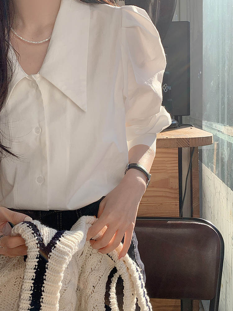 白色法式襯衫女設計感小眾上衣時尚洋氣新款泡泡袖尖領襯衣