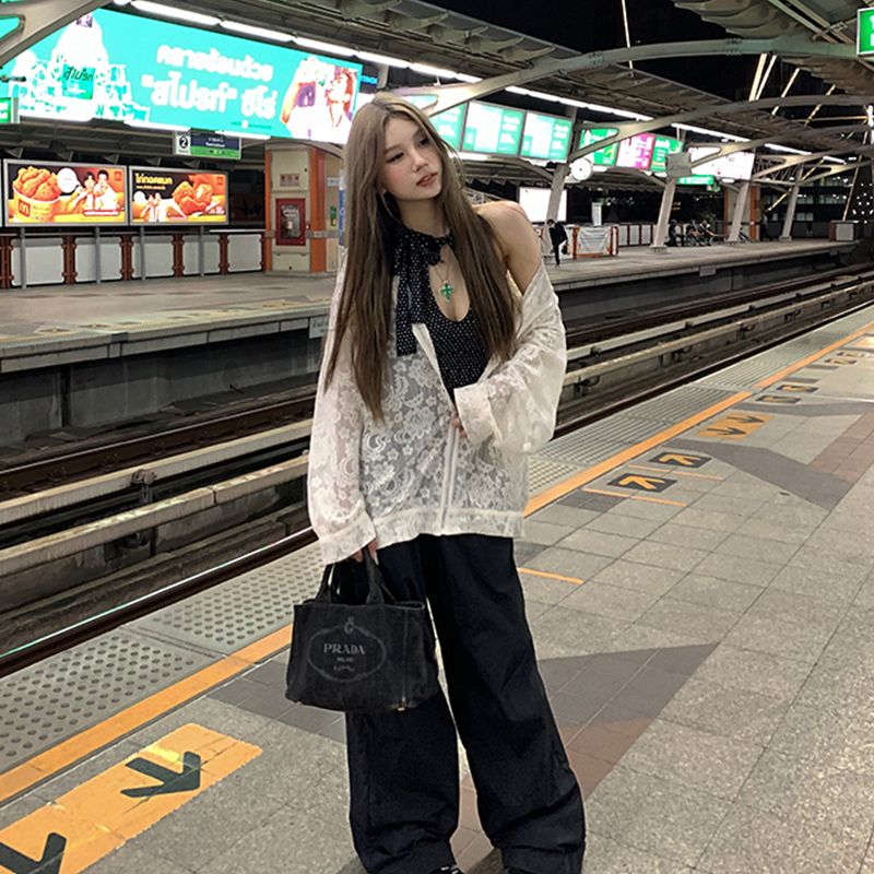薄款休閒防曬蕾絲開衫連帽海灘外套女寬鬆長袖上衣夏季