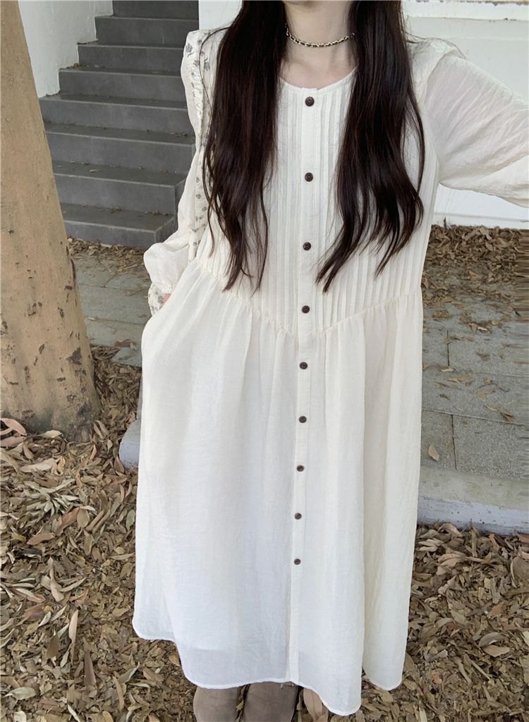 Spring 2025 series pleated long sleeve dress for women new design high waist loose long A-line skirt trendy