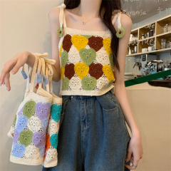 Real shot of the new Korean style hollow embroidered flowers versatile vest sling
