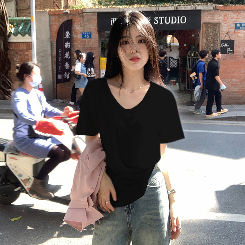 Pure cotton short-sleeved T-shirt for women in summer 2025 Korean new solid color big V-neck loose large size lazy hot girl top