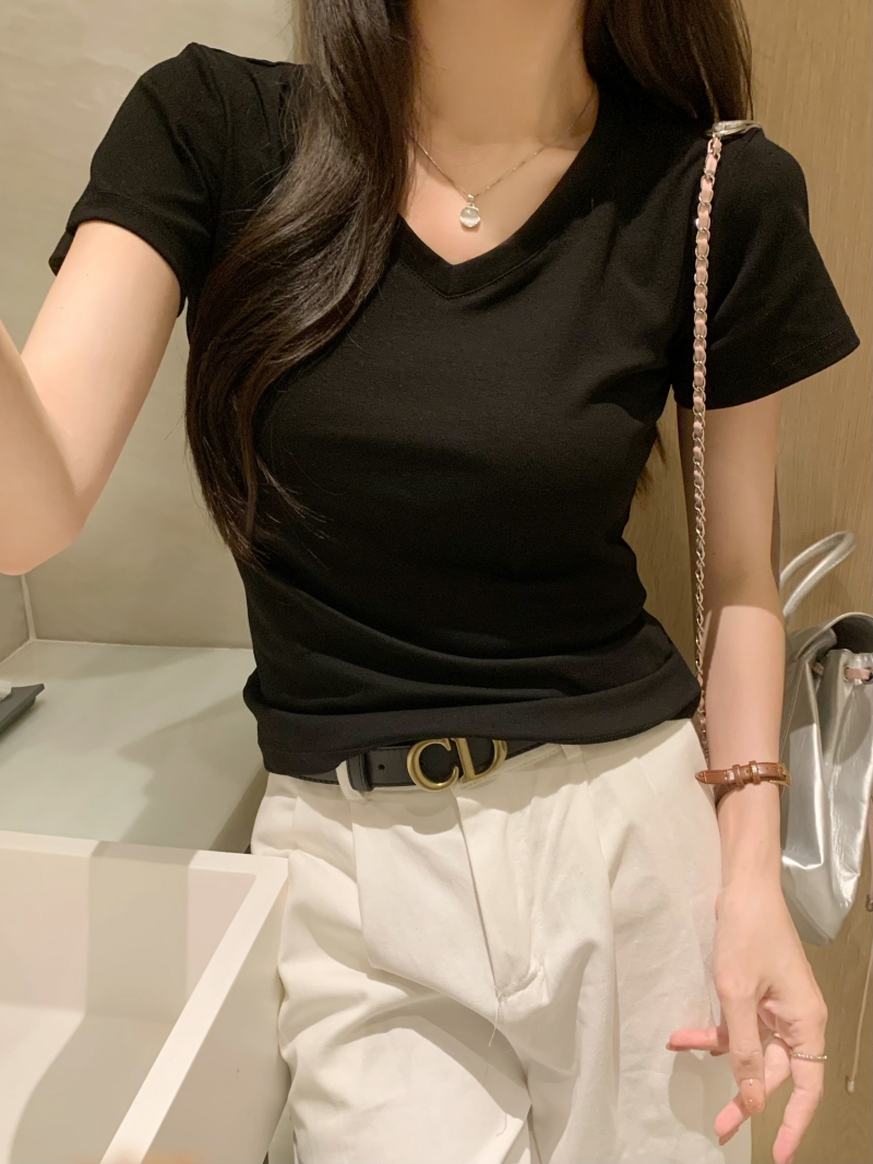 Real shot of summer Korean pure cotton versatile solid color base shirt for women new V-neck short-sleeved T-shirt for women