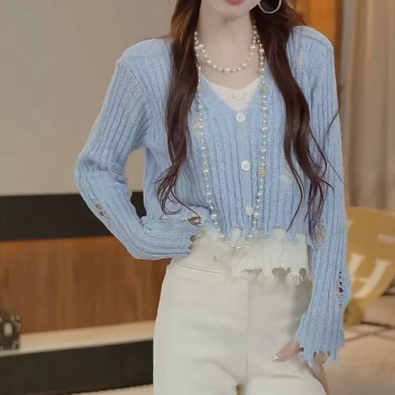 Non-real shot, slim V-neck, fringed fur, fake two-piece design-sensory sweater, new spring versatile top