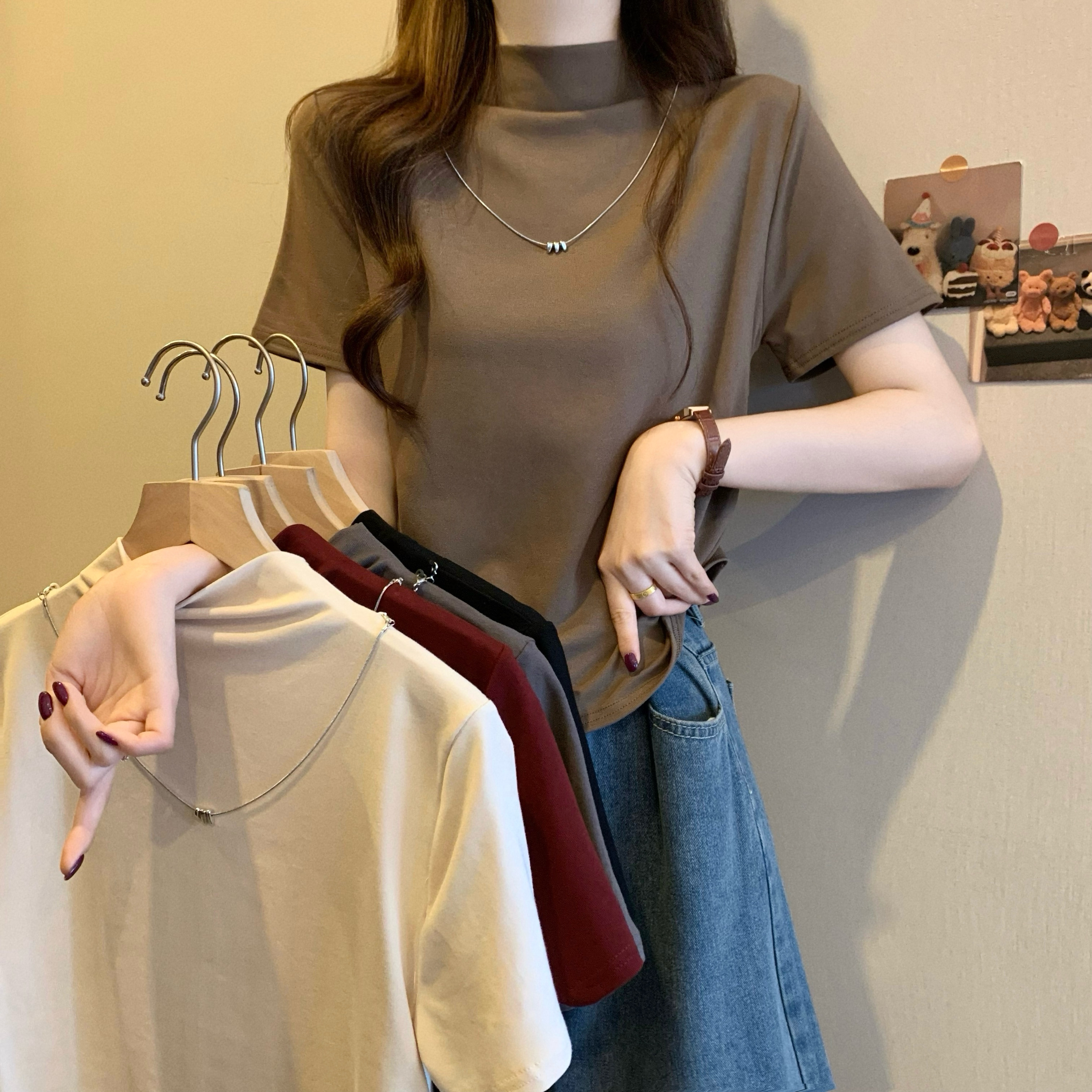 Real shot, new Korean style design, front shoulder slim necklace short-sleeved T-shirt