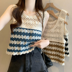 Real shot of new version of retro high-quality hollow sleeveless color-blocking vest vest blouse