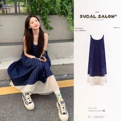 Relaxed A-line Retro Checkered Light Mature Style Tank Top Dress for Women, Summer New Arrival Gentle Straps Long Dress, Elegant and Stylish Dress