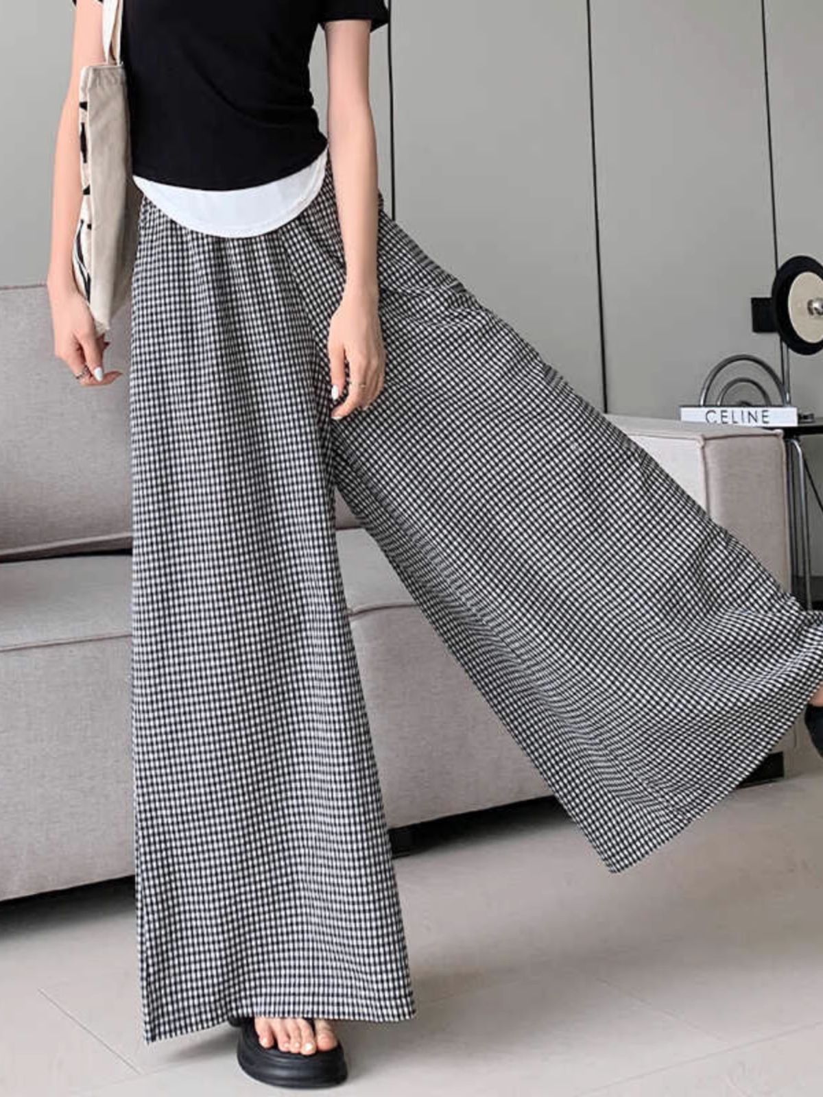 50% Cotton Lining Banded Maxi Skirt Pants for Women Summer Cotton Linen Slouchy Style Small Checkered Swing Pants with Elastic Waist