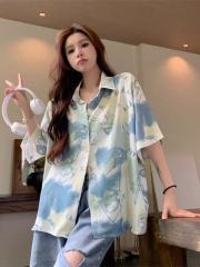 港風碎花短袖襯衣女夏季設計感小眾薄款POLO領襯衫別致法式上衣潮