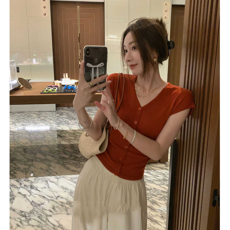 小宜定製 鎖骨針織t恤·2025新款打底衫開衫短款短袖上衣女夏裝