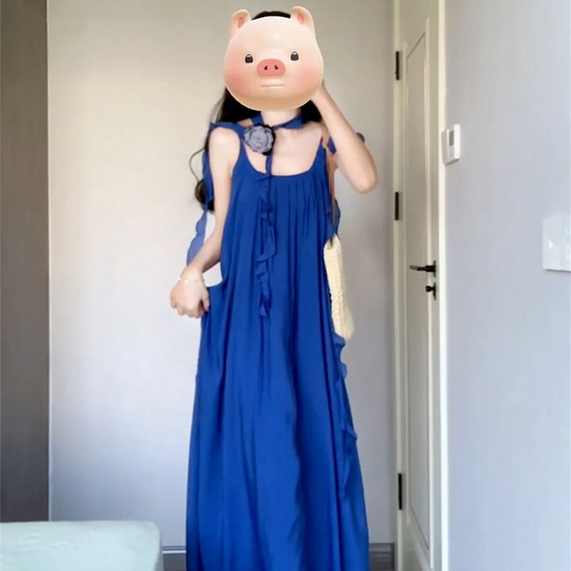 克萊因藍吊帶連衣裙子女春夏法式高級感海邊度假氣質寬鬆露背長裙