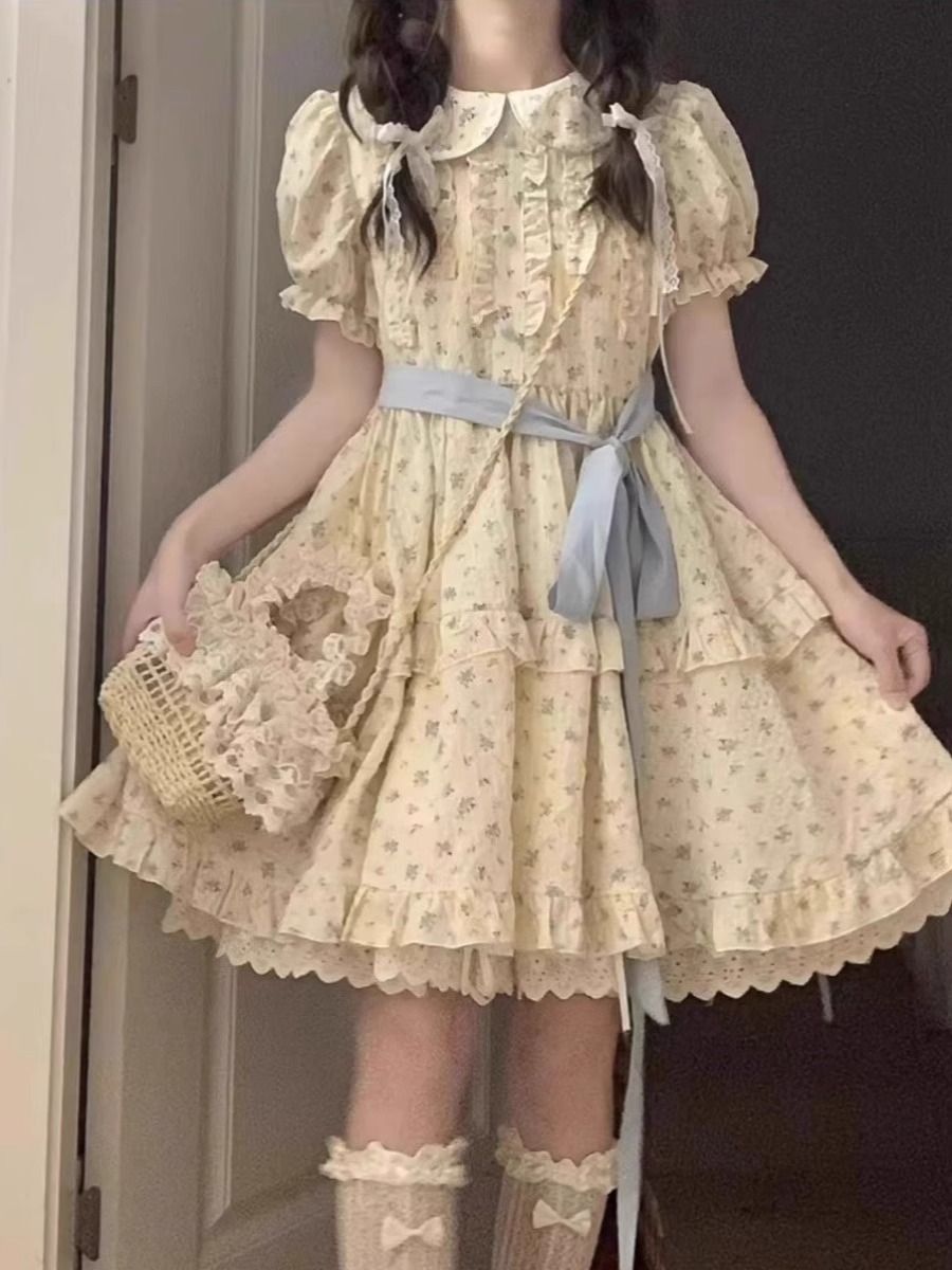 甜美碎花娃娃領連衣裙女夏季泡泡袖小個子公主蛋糕裙收腰蓬蓬裙子