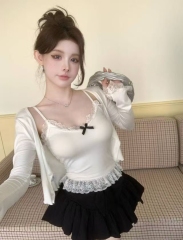 New bow suspender vest lace lace hem slim fit outside and inside top