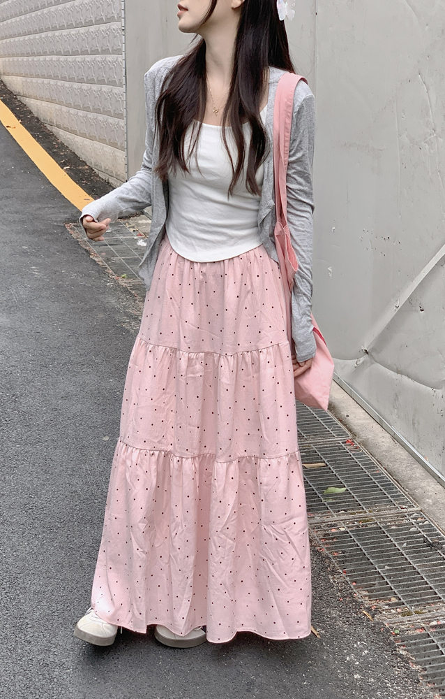 Real shot of polka dot oxygen girly high waist slim and gentle long skirt