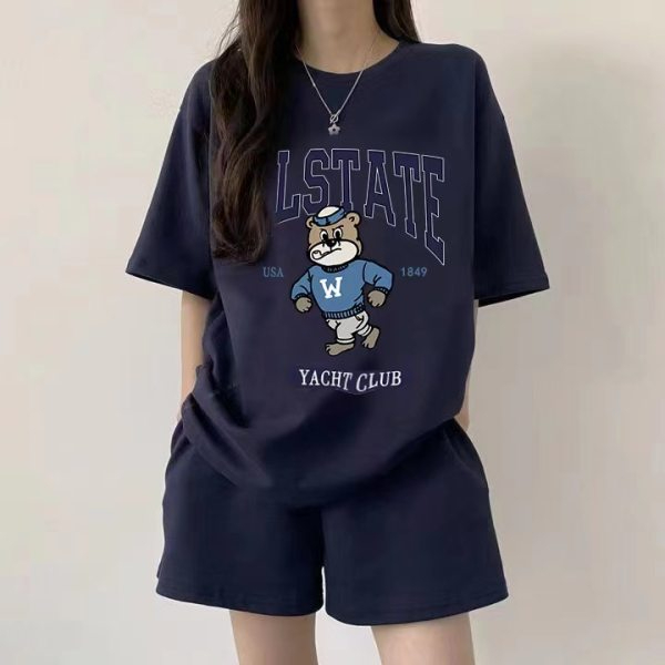 Bear two-piece suit women's large size Korean version summer casual sportswear cartoon shorts shorts women's ins trendy