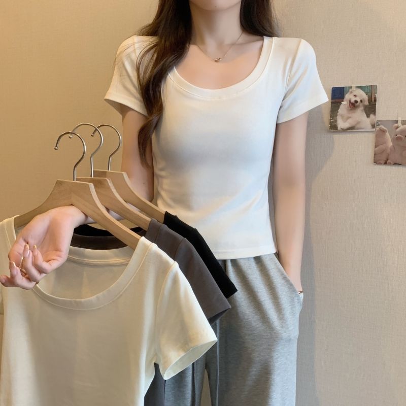 Real photo 40 pure cotton 210g 92 cotton/8 spandex T-shirt for women short-sleeved large round collar