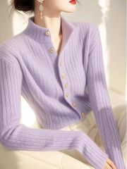 超級好看紫色高領針織開衫女深冬新款小香風高級感顯瘦打底上衣服
