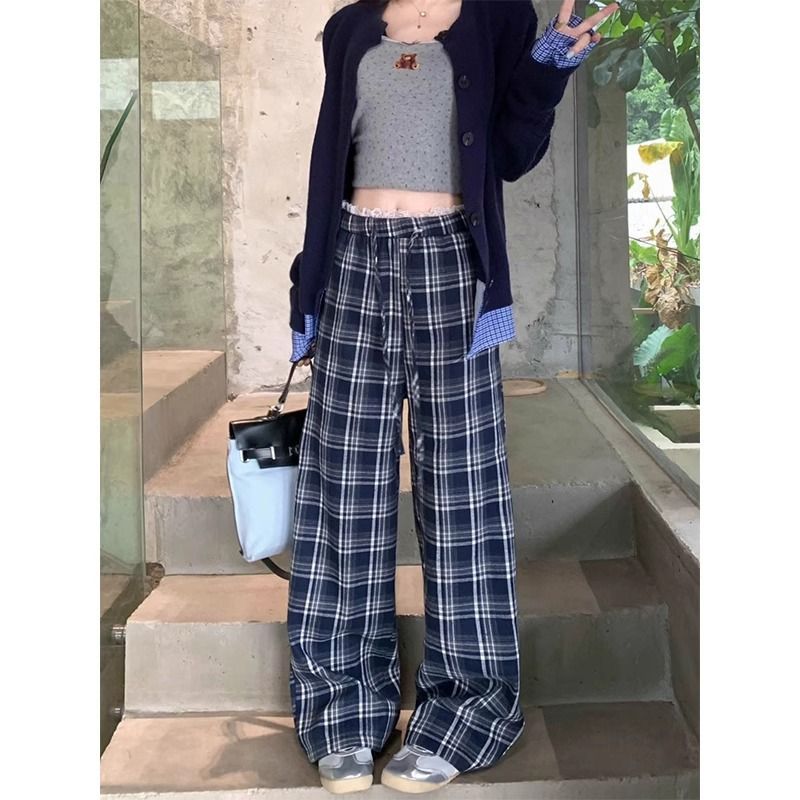原版質量韓國chic夏季新款蕾絲花邊格子新款遛彎褲休閒褲闊腿褲女