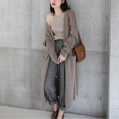"Ulzzang style coat with twisted yarn chunky knit sweater, women's medium-long loose Korean version 2025 autumn"