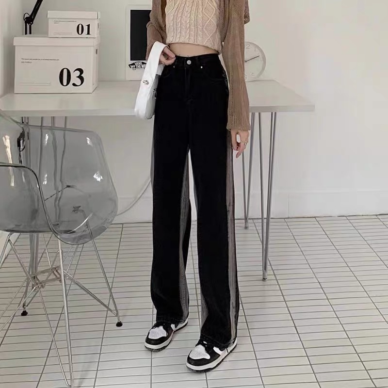 2025 summer new large size fat mm high waist design gradient loose straight wide-leg pants jeans for women