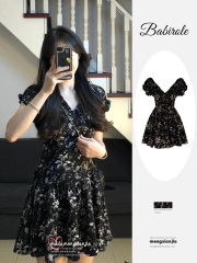 2025 summer small A-line short skirt sexy black ears V-neck puff sleeve waist-hugging and slim floral dress