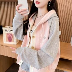 Real shot Korean loose spring and autumn style embroidered cotton insert color spliced ​​jacquard hooded cardigan sweatshirt for women