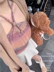 春季新款韓版性感辣妹鏤空掛脖漸變條紋背心春秋針織