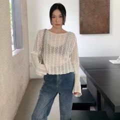 夏季新款針織設計感韓版鏤空百搭薄款長袖套頭防曬衫上衣女
