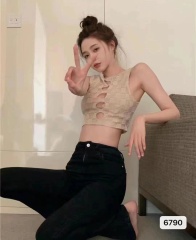 Sexy hot girl hollow chess board knitted vest suspender for women in spring new style inside and outside wearing short base top