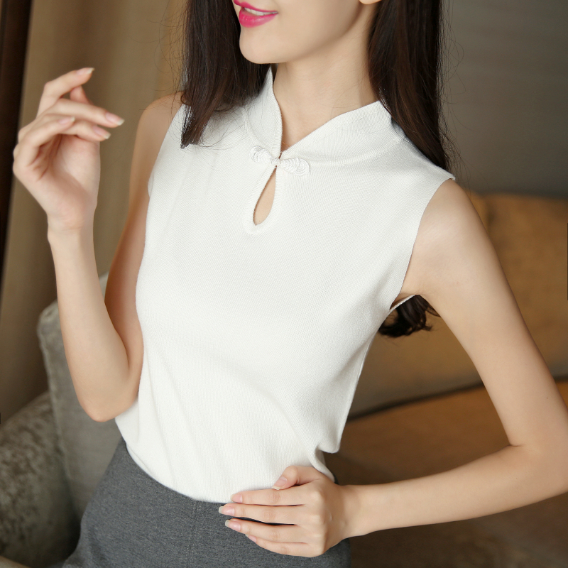 背心女2025夏裝新款上衣韓版修身內搭襯衣無袖旗袍領針織打底衫