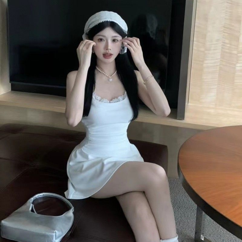 2025 lace suspender skirt women's summer French temperament pleated waist-hugging and slimming A-line sleeveless short skirt