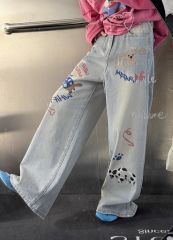 韓國chic牛仔褲女2025春夏季新款寬鬆顯瘦百搭高腰闊腿拖地牛仔褲