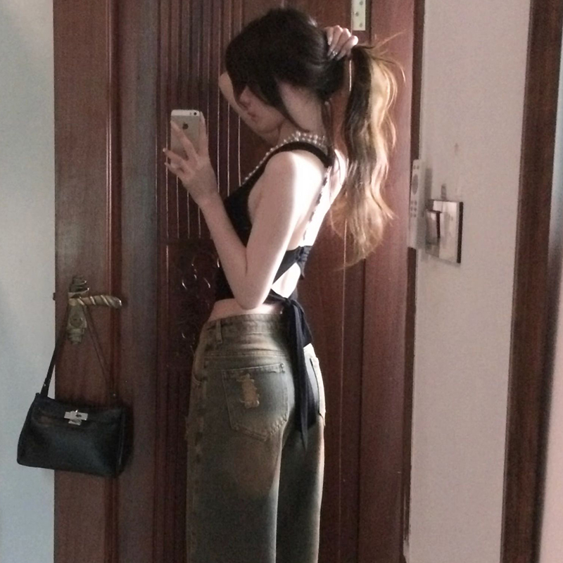 帶胸墊 小掛脖背心女夏季外穿純欲性感辣妹修身短款美背無袖上衣