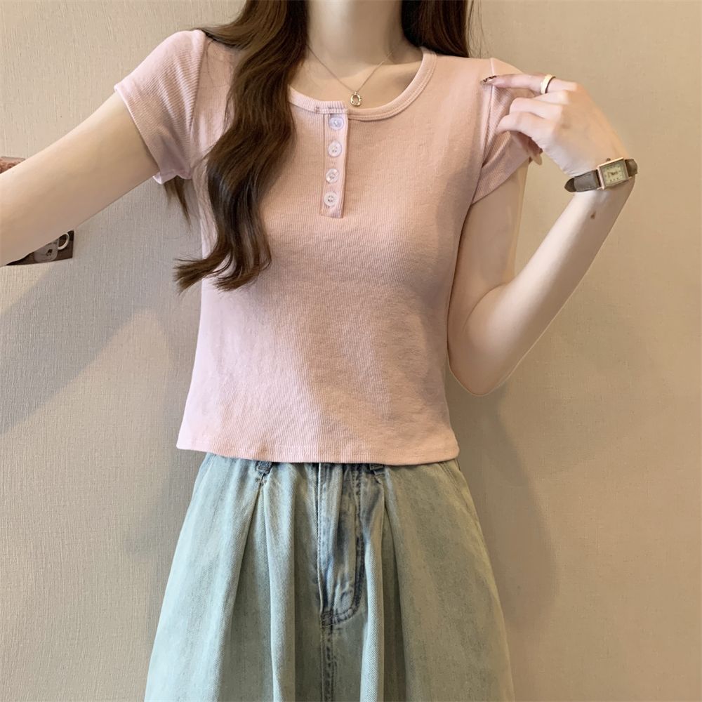 實拍  40支純棉210克92棉/8氨綸短袖T恤女短款紐扣