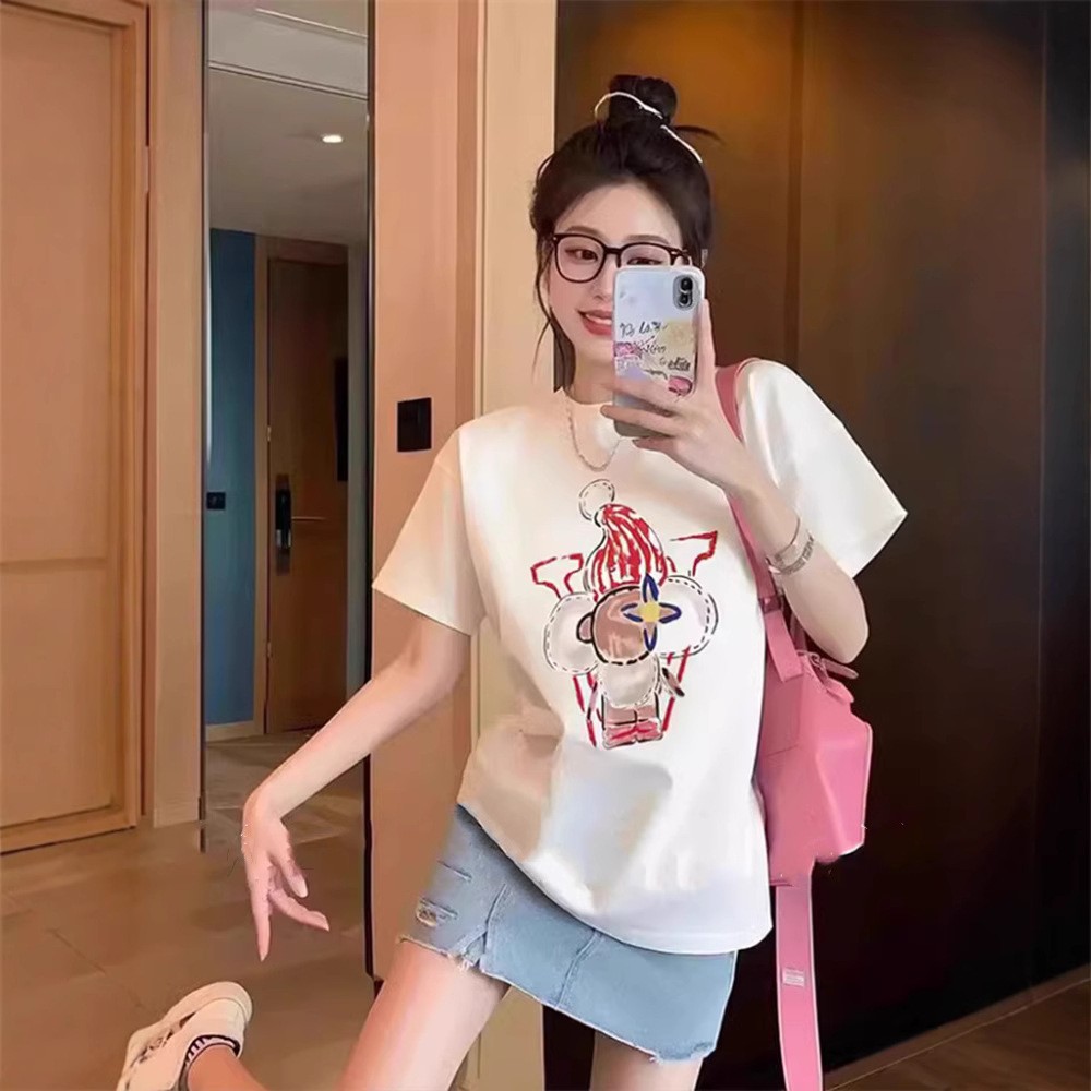 韓國chic純棉後包領2025夏季新款韓版美式塗鴉寬鬆版短袖T恤女潮