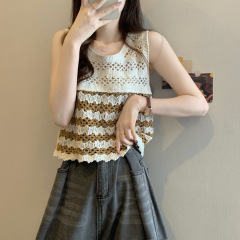 Real shot of new version of retro high-quality hollow sleeveless color-blocking vest vest blouse